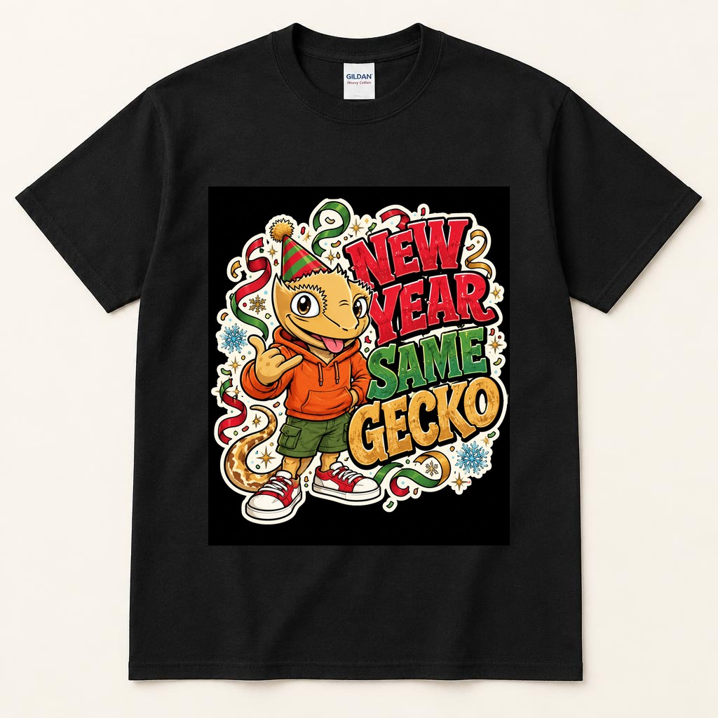 New Year Same Gecko black tee